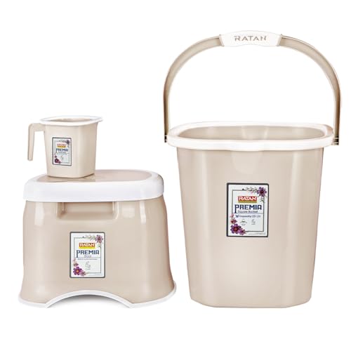 RATAN PLASTICWARE Premia Bathroom Set (Bucket 25L X 1) + (Mug 1.5L X 1) + (Small Stool X 1) - Desert Rose
